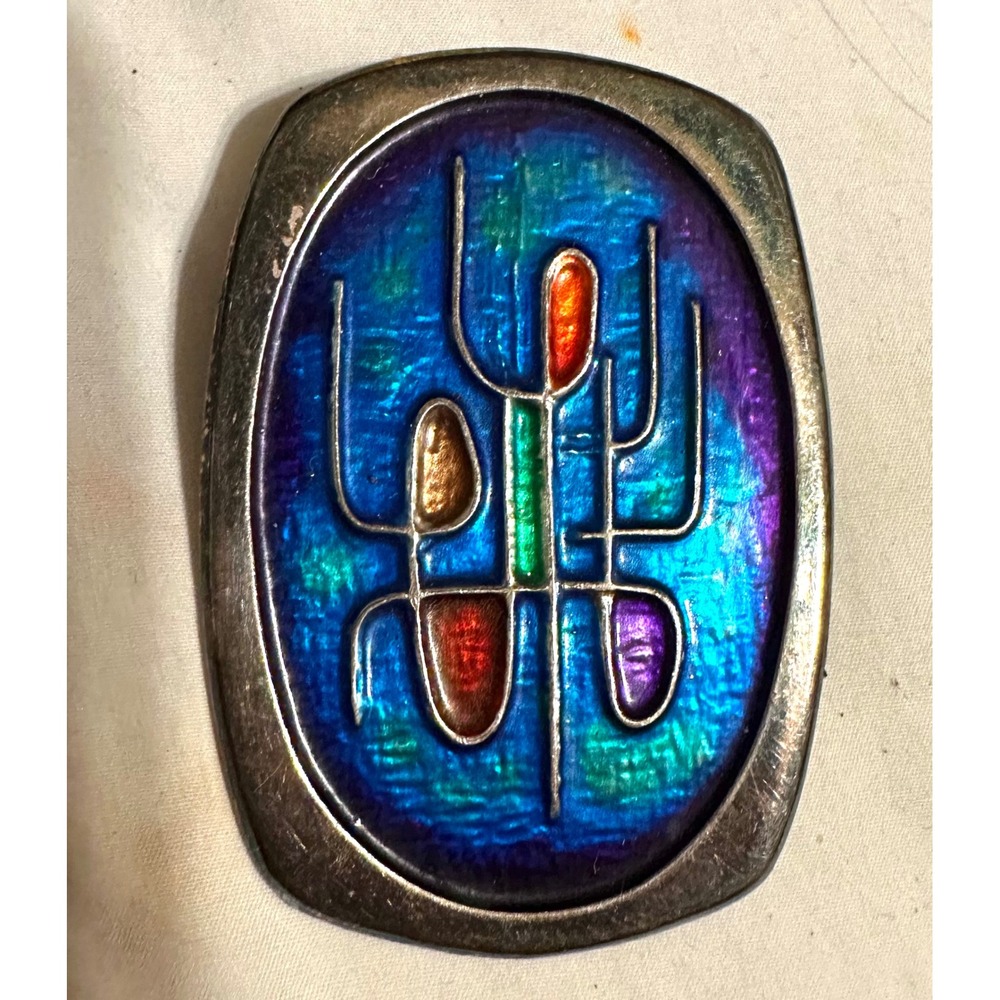Vintage Modernist Pin‎ Pendant w/ Blue & Orange Enameling